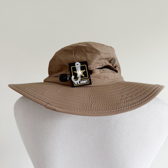 US Army Boonie Bucket Hat Mens Womens Brown Khaki Adjustable Removable Chin Cord - Picture 8 of 12
